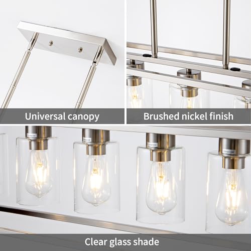 6 Light Brushed Nickel Dining Room Light Fixture Modern Farmhouse Chandelier Linear Hanging Pendant Lighting Rectangle for Kitchen Living Room Adjustable Height with Glass Shade (6 Count)