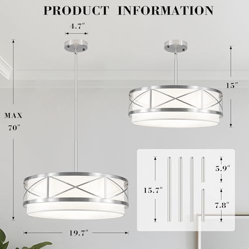 19.7" Modern Brushed Nickel Drum Chandelier Round Dining Room Light Fixture