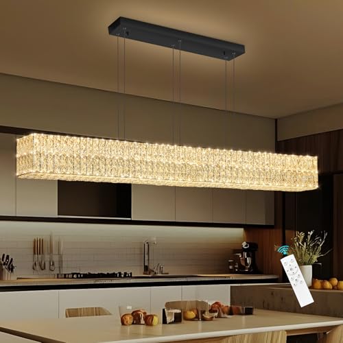 Rectangular Crystal Chandelier Dimmable LED Linear Chandeliers for Dining Room Remote Ceiling Pendants Light Fixture for Kitchen Island Black