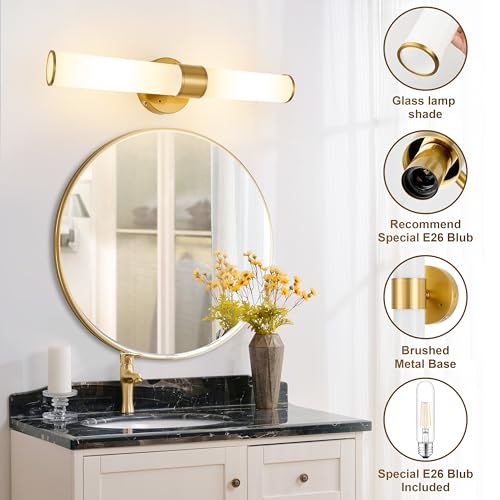 Gold Battery Operated Wall Sconces Set of 2 with White Glass Lamp Shade