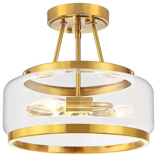 Gold Semi Flush Mount Ceiling Light Modern Glass Drum Ceiling Light Fixture