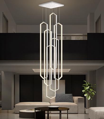 6 Rings Silver Modern Long Large Chandelier Dimmable LED High Ceiling Chandelier for Living Room Foyer Staircase Enterway Hanging Light Fixture Modern Ceiling Light