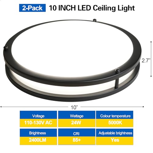 10inch LED Flush Mount Ceiling Light Fixture Dimmable Matte Black (2 Count)