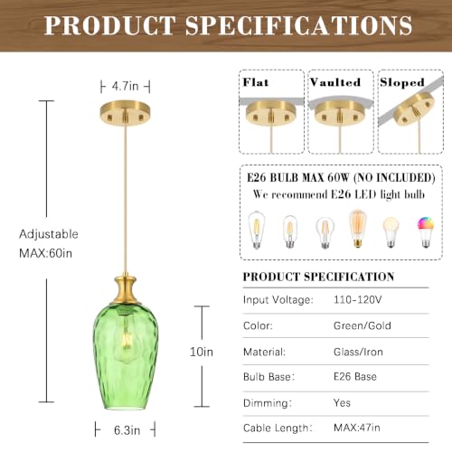 Green Glass Pendant Lights Kitchen Island (2 Count)