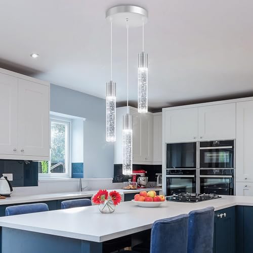 3 Lights Pendants Light for Kitchen Island Chandeliers Dining Room Pendant Lighting Fixture Bubble Crystal Ceiling Hanging Lights Bedroom Island Kitchen 6000K White Light Fixtures Chrome