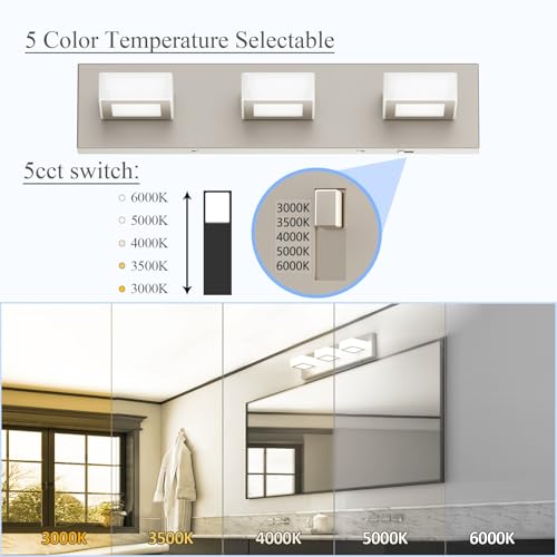 5 Color Temperature Brushed Nickel Bathroom Vanity Lights Dimmable Acrylic Modern LED Bathroom Wall Lighting Fixtures Brushed Nickel