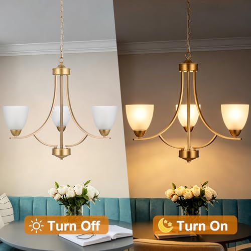 3 Light Retro Gold Finish Chandeliers with Alabaster Glass Shade
