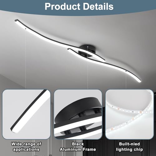 47.24Inch Linear Ceiling Light 6000K Black Modern Ceiling Light Fixture 35W Long Flush Mount Ceiling Lamp for Hallway