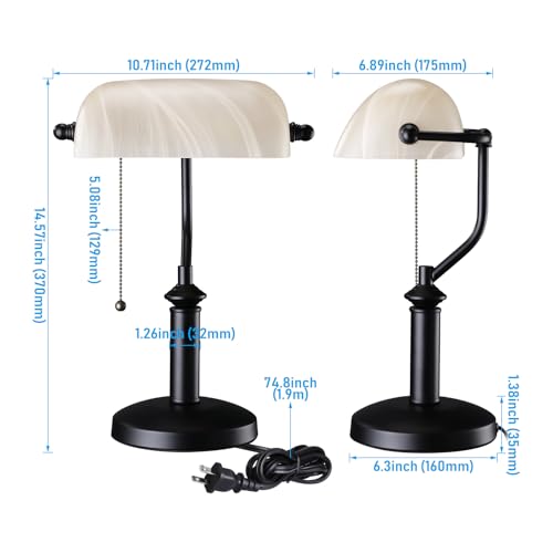 Pale Yellow Glass Bankers Desk Lamp with Pull Chain
