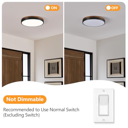 Modern Walnut Wood Black Flush Mount Ceiling Light 11.81 Inch