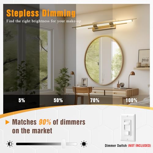 Gold LED Vanity Light 31IN Modern LED Bar Wall Light Over Vanity Mirror Hardwired Picture Light Dimmable Bathroom Wall Mount Lighting 5CCT