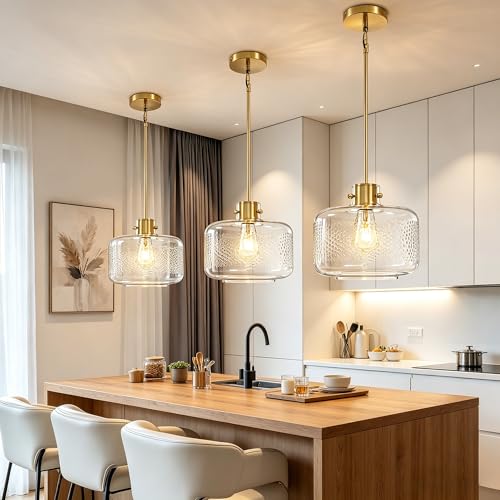 Gold Pendant Lights Kitchen Island with 9.84in Hammered Glass Shade 1Pack