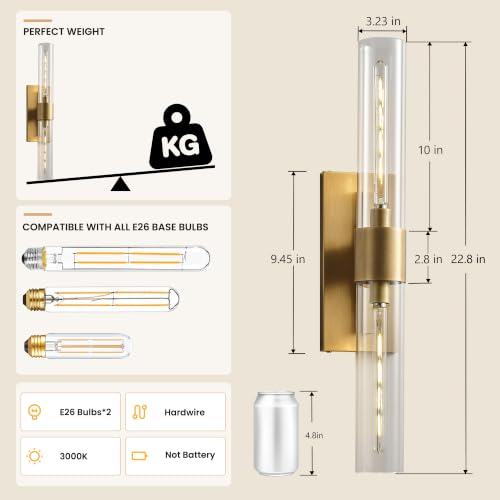 Bathroom Sconces Brass Sconces 22.8in Glass Sconces Dimmable