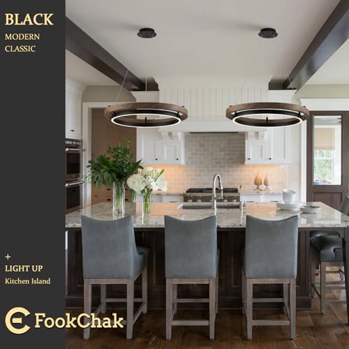 LED Ring Chandelier Modern Round Pendant Light Walnut Wood Black Dimmable