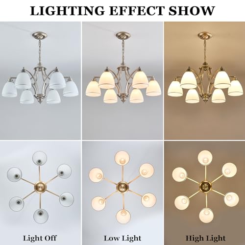 6 Light Brushed Nickel Farmhouse Chandelier for Dining Room with Milk White Frosted Glass Shades Adjustable Max Length 47" Hanging Light Fixtures for Kitchen