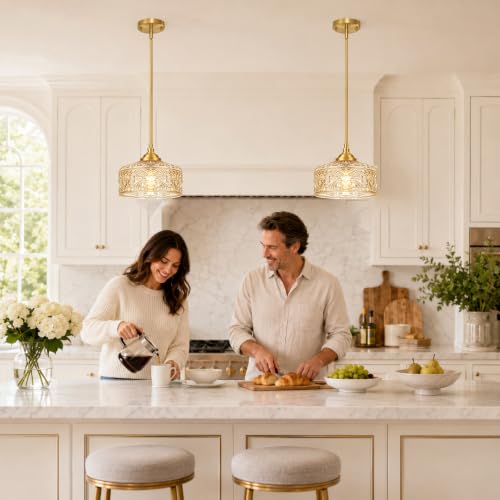 Brushed Gold Vintage Pendant Light Amber Glass Island Lights for Kitchen