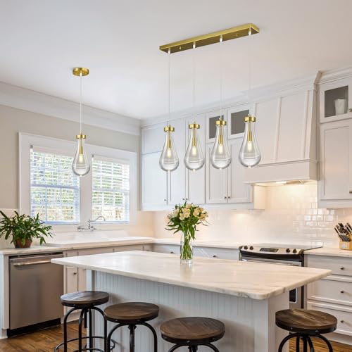 Raindrop Pendant Lights Kitchen Island Teardrop Gold Hanging Light Fixtures Clear Solid Glass Pendant Light Modern Chandeliers for Dining Room Porch Corridor Living Room