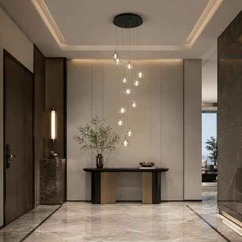 Modern LED High Ceiling Chandelier,12-Light Fixture Crystal Hanging Lamp Dining Room Dimmable Adjustable Luxury Pendant Lights for Living Dinning Room Hallway Foyer Staircase Entryway