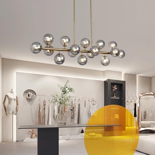 Brass Gold Rectangle Chandelier Modern Chandelier Smoke Grey Globe Glass Pendant Light Fixture Adjustable for Dining Living Room Kitchen Island Over Table 16