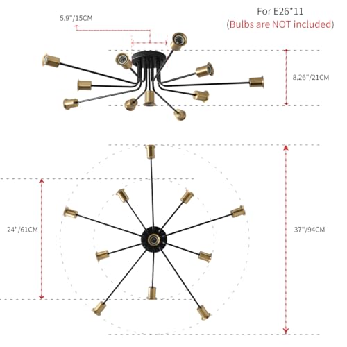 11 Lights Black and Gold Large Sputnik Ceiling Light Fixture (11 Count)