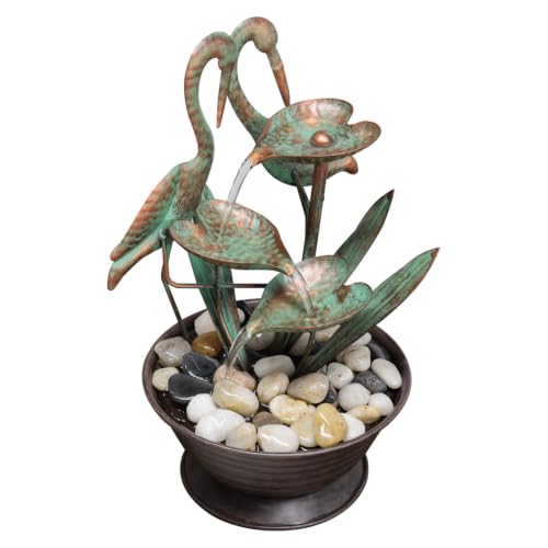 Tabletop Water Fountain with Standing Metal Crane for Home Decor