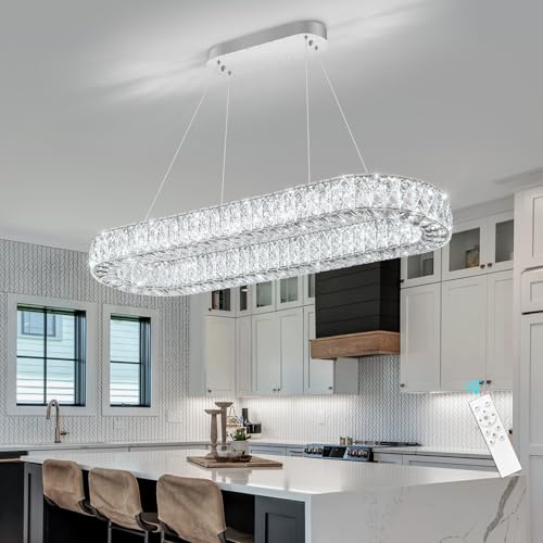 Oval Crystal Chandelier Modern Dimmable LED Chandeliers for Dining Room Rectangular Light Fixture with Remote for Living Room Kitchen Light Silver