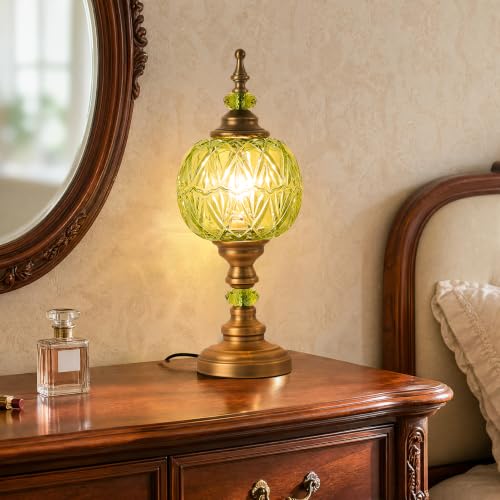 Vintage Glass Green Table Lamp Fixture with E26 Bulb Desk Lights with Plug Switch for Bedroom Living Room Dressing Room
