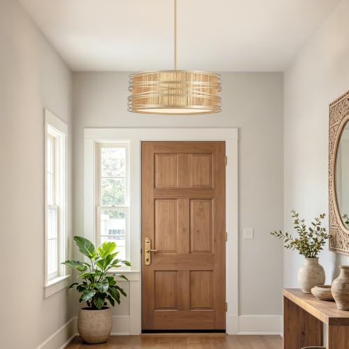 5 Light Rattan Drum Chandelier 19.7'' Boho Gold Pendant Light