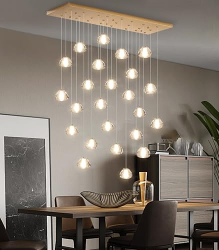 24 Lights Modern Crystal Rectangular Chandelier LED Raindrop Ceiling Pendant Light Crystal Lighting Fixture for Living Room Hotel Staircase Hallway Foyer Entryway Bedroom Gold (24 Count)