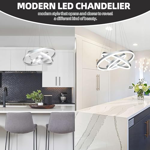 Modern Sliver Led Chandelier 3 Rings Pendant Lights Dimmable Chandeliers Color Temperature Height Adjustable Sliver Chandelier Led Pendant Light for Dining Room Bedroom Entryway Living Room