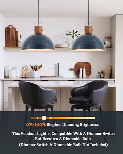 16” Large Ash Wood Pendant Light with Hammered Blue Metal & Brushed Brass Handle Large Pendant Light Fixtures Modern Dome Hanging Lamp for Kitchen Island