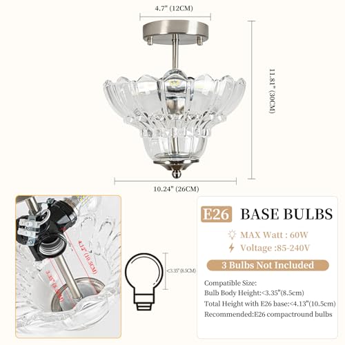 Brushed Nickel Semi Flush Mount Light with Floral Class Shade (Nickel)
