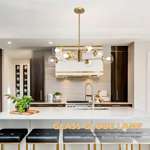 8 Light Globe Sputnik Chandelier Modern Gold Sputnik Chandelier Mid Century Globe Pendant Light Brushed Brass Finished with Clear Glass Lampshade Chandeliers for Kitchen Bedroom (8 Count)