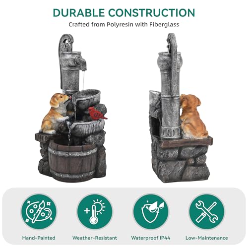 30" Puppy & Red Bird Outdoor Fountain