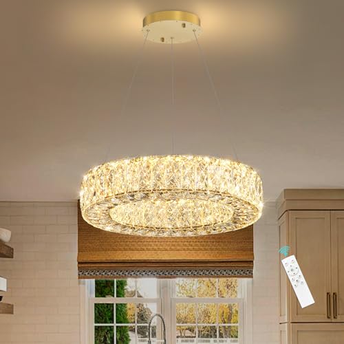 16 Inch Chandelier Glam Dimmable LED Crystal Chandeliers Luxury Round Pendant Lighting Fixtures for Dining Room Bedrooms Gold