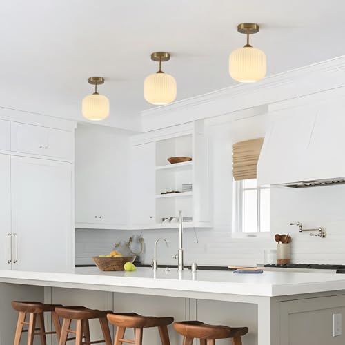 Gold Milk Glass Semi Flush Mount Light Vintage White Ribbed Flush Mount Ceiling Light Small Hallway Globe Ceiling Light Fixtures for Bedroom Entryway