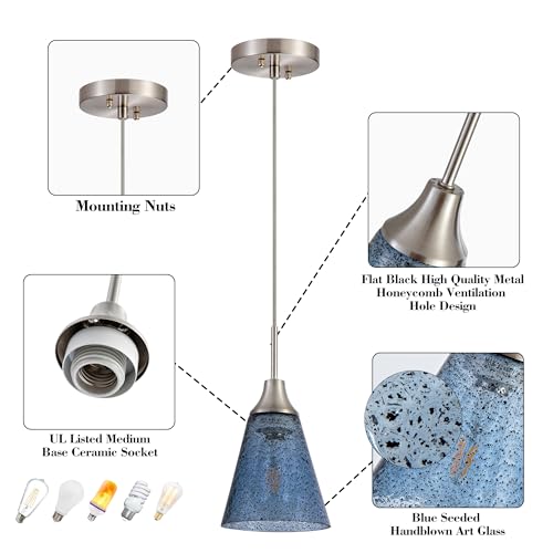5.9" Glass Pendant Light Dark Blue Seeded Glass Hanging Light