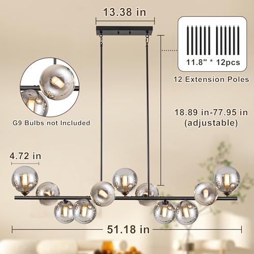 Linear Chandeliers for Dining Room 51.2" Large Sputnik Chandelier Pendant Lights Kitchen Island 11 Lights Dining Room Light Fixture Sputnik Modern Linear Globe Chandelier Black for Farmhouse Kitchen