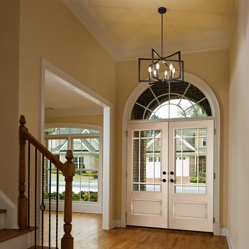 Klgxnrd 6-Light Modern Farmhouse Black Chandeliers for Entryway, Geometric Pendant Lights Kitchen Island, Hanging Industrial Metal Chandelier for Stairway Foyer Hallway Dining Room