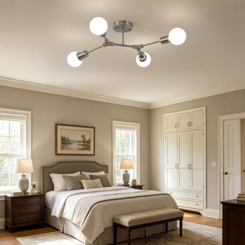 Mid Century 4 Light Sputnik Nickel Semi Flush Mount Ceiling Light