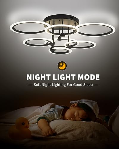 Modern LED Ceiling Light 7 Rings Dimmable Fixtures with Remote Black Close to Ceiling Light 31.8" 130W 3000K
