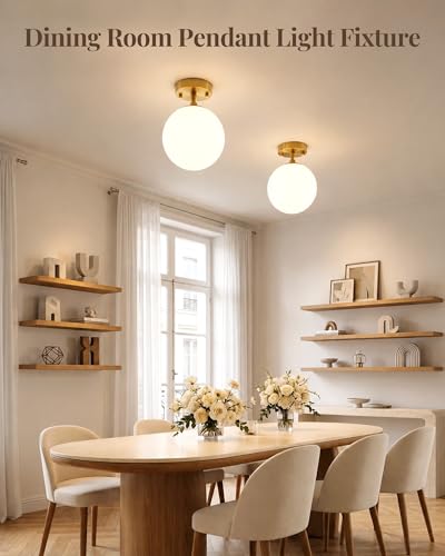 Semi Flush Mount Ceiling Light 6" Globe Mid Century Modern Light Fixture Milk Glass with Gold Brass Finish Light Fixtures for Hallway Entryway Kitchen Island Closet Laundry Bathroom