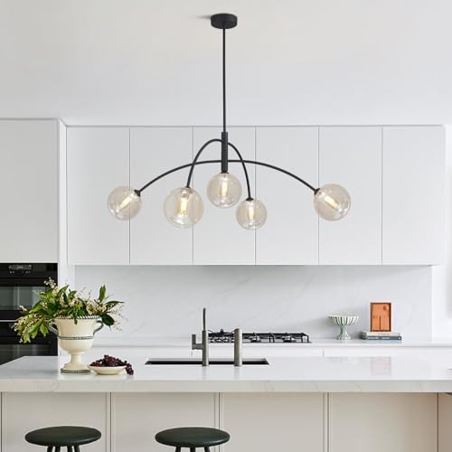 5 Light Modern Brass Chandelier Fixture Globe Glass Shade Pendant Light Black Kitchen Large Chandelier for Dining Room Kitchen Bedroom
