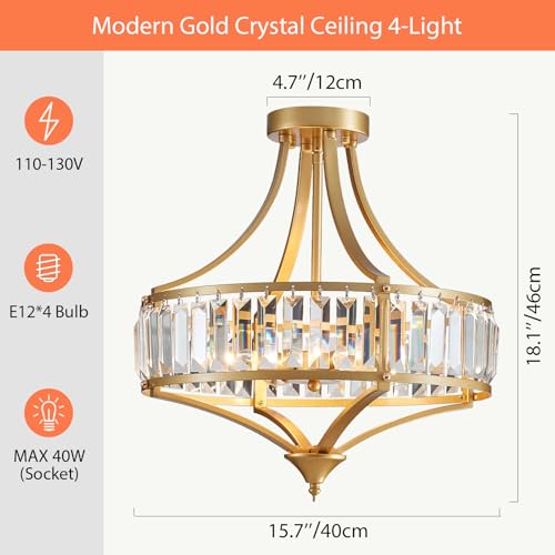 Modern Gold Crystal Chandelier 4 Lights Semi Flush Mount Ceiling Light Fixture E12 Base Farmhouse Mid Century Chandelier for Dining Room Bedroom Hallway Entryway Kitchen