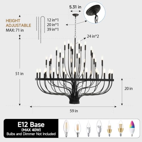 60" Extra Large Chandelier Black Foyer Chandeliers for High Ceilings