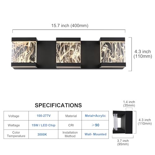 Modern LED Bathroom Lights Over Mirror 15W 3 Lights LED Vanity Light Bar with Unique Smoke Acrylic Panel Black Bathroom Wall Light Fixtures for Bath Powder Room