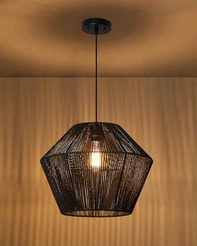 16.5” Large Modern Woven Chandelier Farmhouse Coastal Pendant Light Fixtures Matte Black Handwoven Rattan Basket Shade Boho Pendant Hanging Lamp for Kitchen Dining Room Bedroom Foyer Hallway