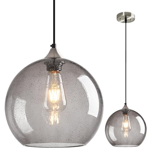 Light Grey Glass Pendant Lights Kitchen Island Globe Pendant Light Fixtures Modern Pendant Lighting for Bedroom Living Dining Room Light Fixture