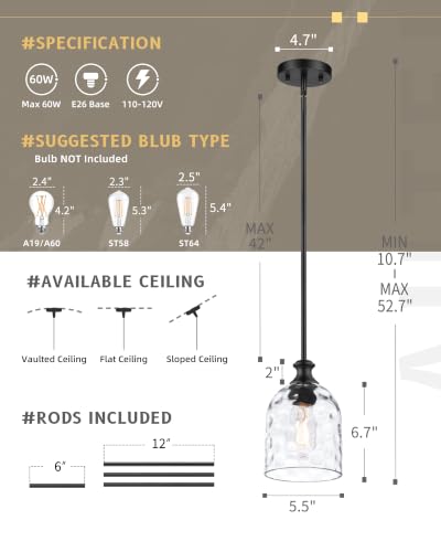Modern Black Hammered Glass Pendant Lights Kitchen Island