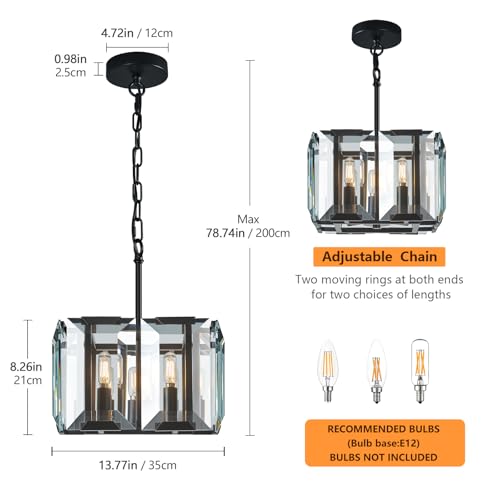 Black Modern Crystal Chandeliers Rectangle Farmhouse Pendant Light Semi Flush Mount Ceiling Light Fixture for Bedroom Dining Room Kitchen Island Living Room Foyer Hallway
